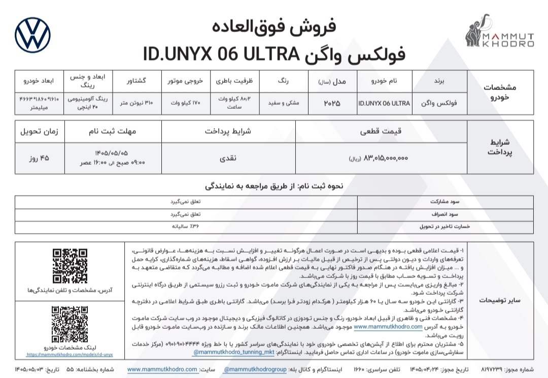 شرایط فروش فولکس واگن ID.UNYX / مرداد 1405
