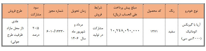 شرایط فروش آریا / مرداد 1405