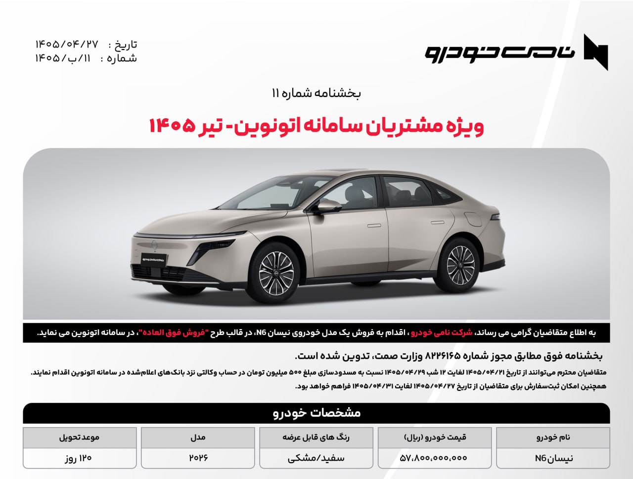 شرایط فروش نیسان N6 / تیر 1405