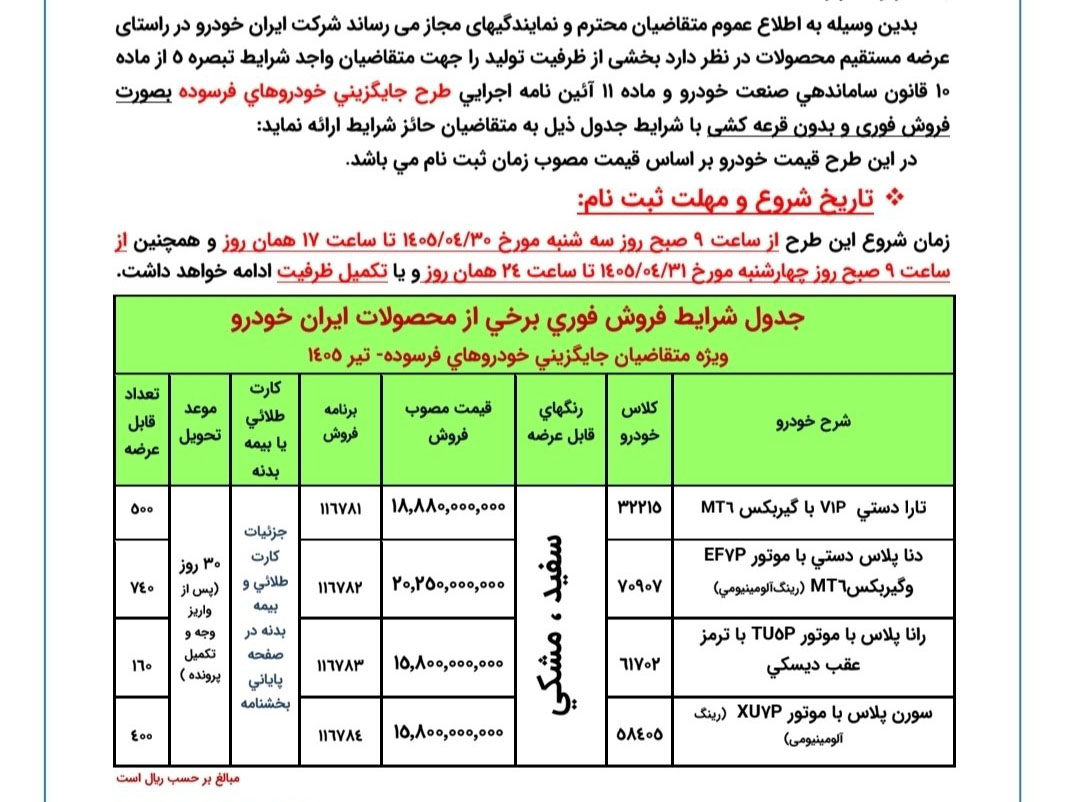 شرایط فروش محصولات ایران خودرو - تیر 1405