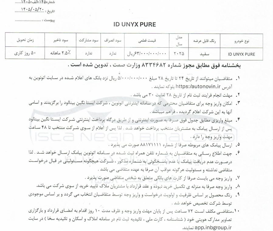 شرایط فروش فولکس واگن ID.UNYX / مرداد 1405