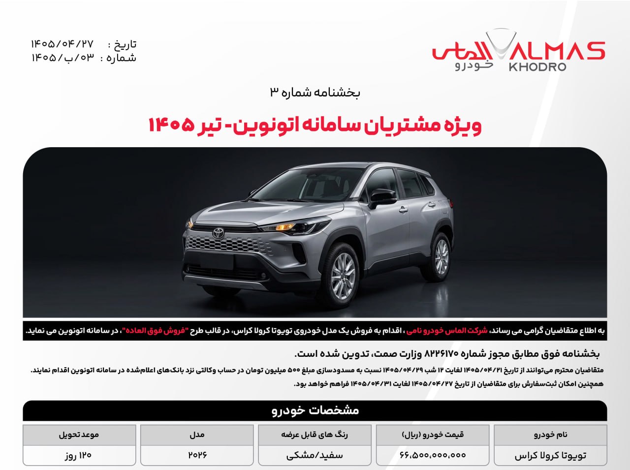 شرایط فروش تویوتا کرولا کراس نیوفیس / تیر 1405