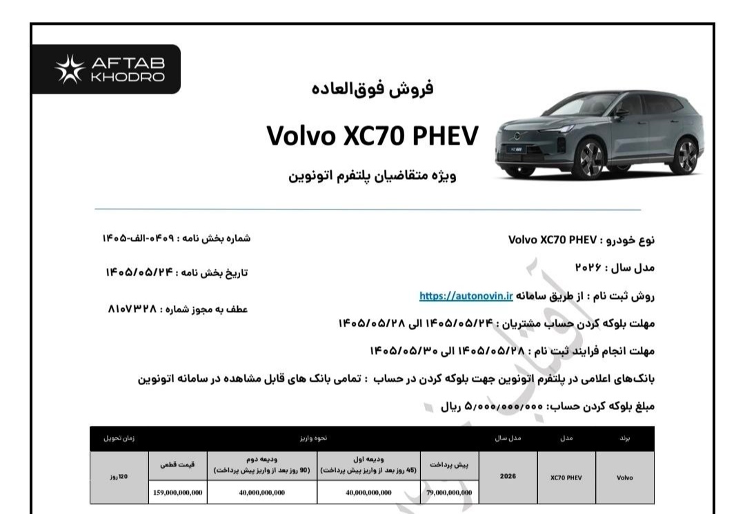 شرایط فروش ولوو XC70 / مرداد 1405