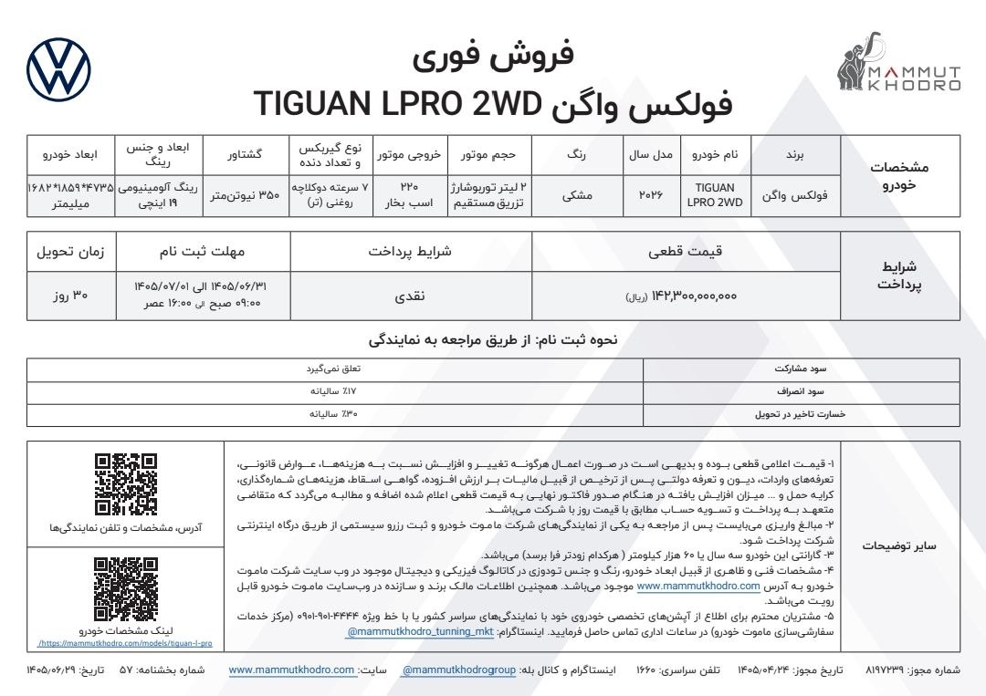 شرایط فروش فولکس واگن تیگوان L / شهریور 1405